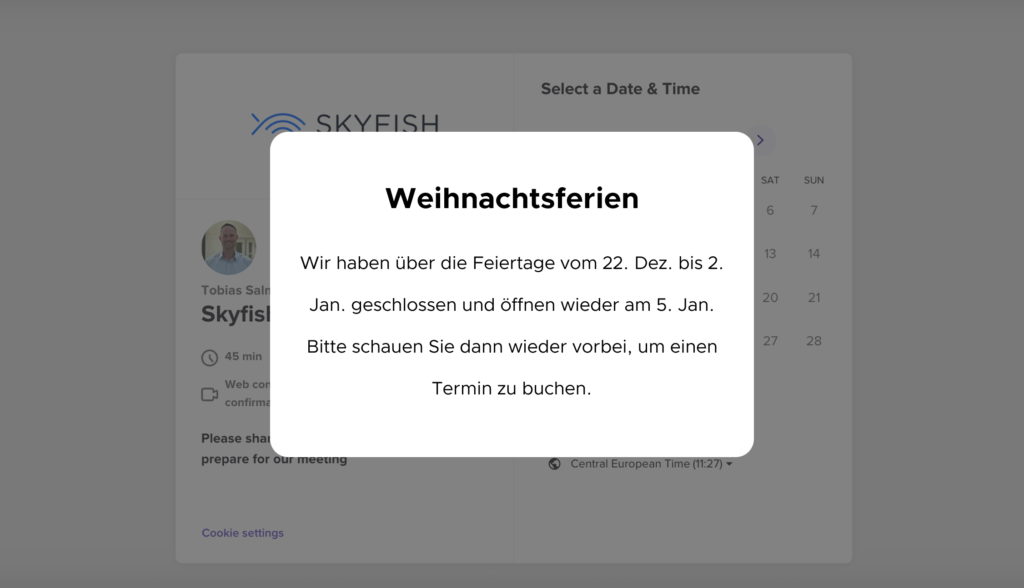 calendly booking holidays DE